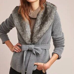 ANTHROPOLOGIE Ett Twa Bois du Boulonge Faux Fur Collar Jacket Cardigan- Size L